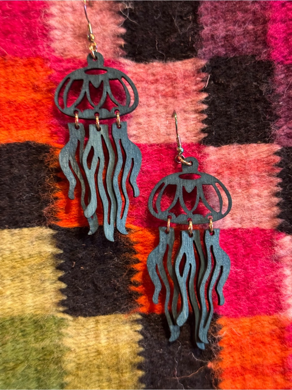Teal Wooden Jellyfish Lazer Cut Earrings